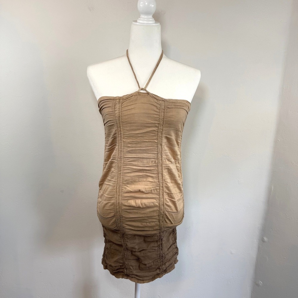 Ruched Halter Bodycon Mini Dress Taupe Beige Small Y2K Indie Sleaze Forest Fairy